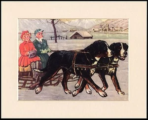 BERNER BERGHUND HUNDE ZIEHSCHLITTEN SCHÖNER DRUCK MONTIERT RAHMENFERTIG - Bild 1 von 1