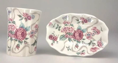 Vintage Croscil Victoria Pink Rose Soap Dish & Tumbler Set Japan JC Penney Peony - Image 1 of 4