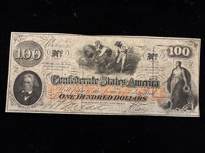 1862 $100 CONFEDERATE STATES OF AMERICA CSA Currency  T-40. Cr-315a - Image 1 of 4