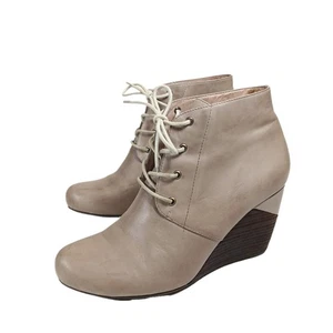 Miz Mooz Drusilla Boots Womens 9 Tan Leather Lace-Up Wedge Ankle Chunky Academia - Picture 1 of 5