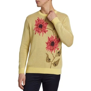 Saks Fifth Avenue Floral Intarsia Sweater Lemonade Yellow and Pink Mens Large - Picture 1 of 6