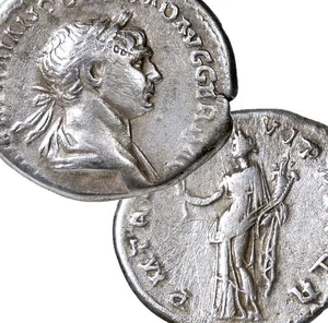 TRAJANO/FELICITAS con Cornucopia, Caduceo, SPQR. Moneda Denario Plata Imperio Romano - Imagen 1 de 10