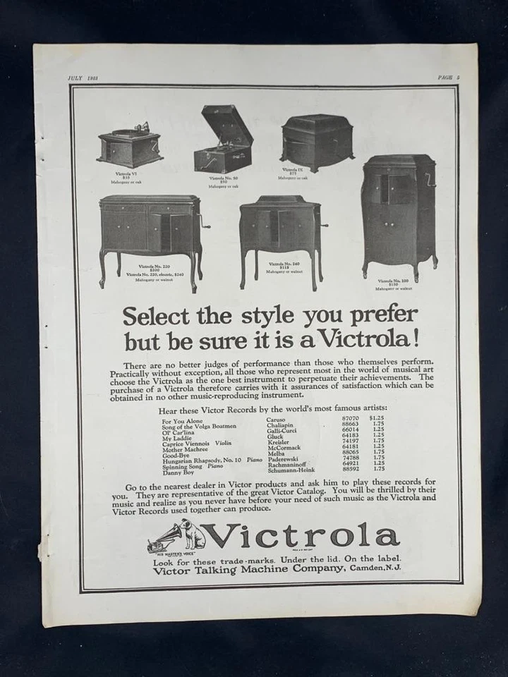 Anúncio de revista* - 1923 - Victor Talking Machine Co., Camden, NJ - 6 modelos mostrados - Imagem 1 de 1