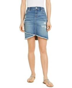 Inc Destructed Fray-Trim Crossover Blue Denim Tulip Hem Denim Skirt Size 10 - Picture 1 of 3
