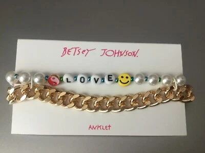 Betsey Johnson Anklet Ankle Bracelet Set One Love Curb Chain Ying Yang Mr Smiley - Image 1 of 4