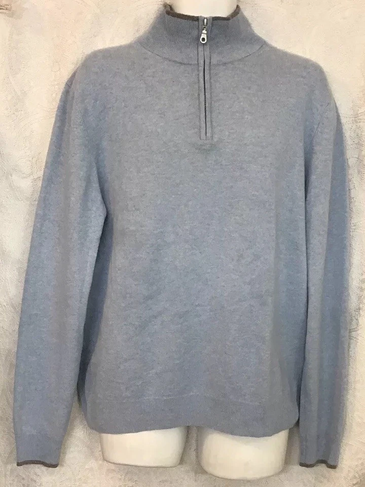 Nieman Marcus Cloud Cashmere Sweater Baby Blue Gray Trim  Half Zip Size XLarge - Image 1 of 4