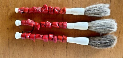 Vintage Chinese Red Coral With Horse Hair Calligraphy Brush Set Of 3 - Image 1 of 4