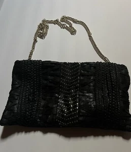 Charming Charlie Black Faux Leather Satchel Purse Weave Detail Gold Chain - Picture 1 of 6