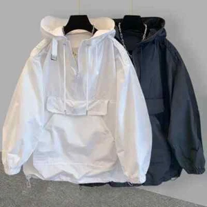 Para hombres Informal Anorak Capucha Cortavientos Pullover Liso Impermeable Dos Tonos Sudadera con Capucha - Imagen 1 de 26