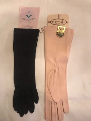  60's Lot of 2 Van Raalte Black & Dawnelle Pink Stretch Nylon Elbow Gloves Sz 7 - Image 1 of 4