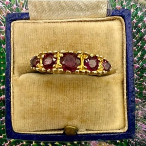 Vintage Solid 9k Yellow Gold Five Stone Ruby Ring, Size 6.5 - Picture 1 of 8