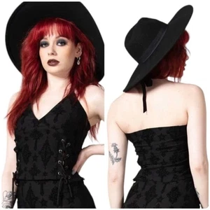 Killstar bauchfreies Top Größe Large schwarz Samt Kreuz Stern Schnürung Stretch Neckholder Tank - Bild 1 von 12