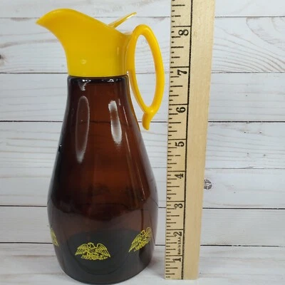 Log Cabin Amber Brn Glass Syrup Dispenser Bottle Yellow Eagle Crest 8.5" EX VTG - Image 1 of 4