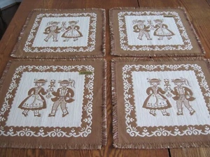 Vintage Set of 4 Austrian Square Placemats Folk Art Brown Weave NOS - Picture 1 of 8