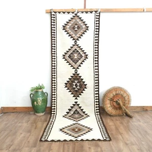 3x11 White Vintage Kilim Runner, Turkish Oushak Hallway Rug, Handmade Wool Rug - Picture 1 of 10