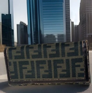 Fendi Auth Long Bifold Unisex Wallet Monogram Canvas Leather Black Brown - Picture 1 of 16