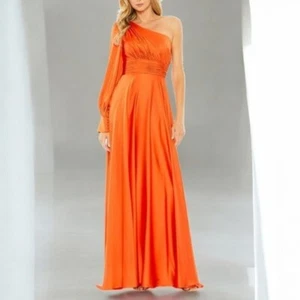 NEW Mac Duggal Ieena One Shoulder Bishop Sleeve Gown Spice Orange Pockets Sz 12 - Picture 1 of 14