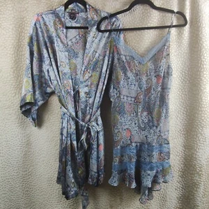 Victoria's Secret Womens Robe & Slip Size Medium Blue Paisley Print Belted Lace - Picture 1 of 19