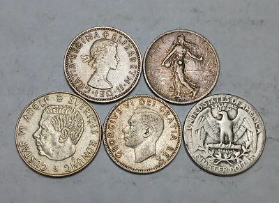 5x World Coins 1918 France Franc, 1950 Canada 25c, 1961 Sweden Krona and More! - Image 1 of 4