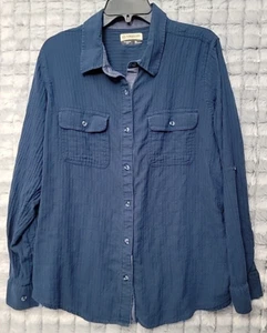 Magellan Campfire Women's XL Blue Button Down Shirt Long Roll Tab Sleeve Blouse - Picture 1 of 4