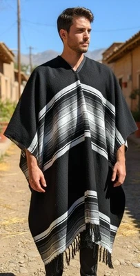 Auténtico Poncho Manta Mexicano Diamante Hecho a Mano con Flecos Estilo Clint Eastwood  Foto 1 de 4