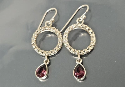 Vintage Sterling Silver Barse Garnet Dangle Pierced Earrings - Image 1 of 4