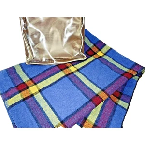 Wool Plaid Stadium Blanket Throw Blue Red Gold Black 70x53 Carry Case Vintage - Picture 1 of 10