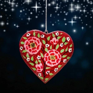 Handmade Flat Heart Shaped Kashmir Hanging Papier Mache Christmas Decoration - Picture 1 of 13
