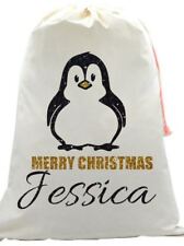 Personalised kids your name Christmas glitter penguin Santa sack sparkle