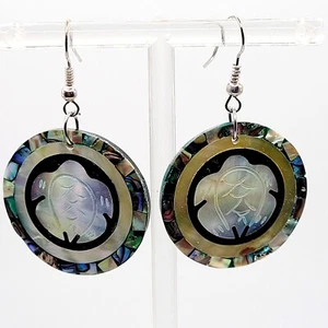 Mother of Pearl & Abalone Inlaid Sea Turtle Earrings Thermoset Beachy Boho - Picture 1 of 5