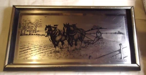 Palmer Graphics Stainless Steel Picture Working Farm Shires 13” x 7” 1970’s - Picture 1 of 7