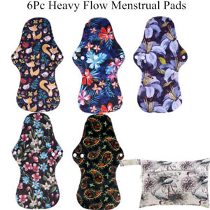 6 Pack Reusable Organic Bamboo Charcoal Women Cloth Menstrual Sanitary Pads