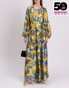 RRP €985 BLACK CORAL Silk Satin Gown IT42 US6 UK10 M Yellow Floral Made in Italy - Picture 1 of 10