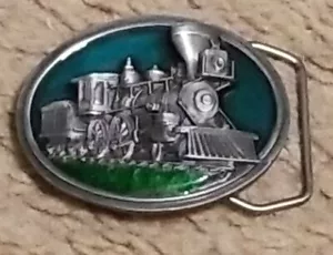 1984 Bergamot Brass Works L-143 Dampfmaschine blau grün Emaille Gürtelschnalle   - Bild 1 von 2