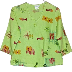 HOT COTTON Linen Tropical Beach Hut Top Green 3/4 Sleeve Vtg Women's Size Small - Picture 1 of 6