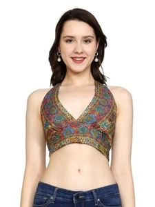 Indian Blouse Floral Printed Beach Party Women Silk Top Neck Top Halter Top Boho - Picture 1 of 1