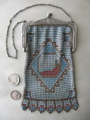 Cartera antigua plateada con marco floral rojo sol azul marrón esmalte cadena correo malla Foto 1 de 4