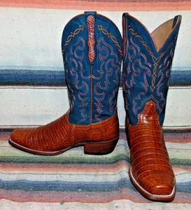 Mens Rujo The Trace Brown Caiman / Blue Leather Cowboy Boots 9 D Exc Used Cond - Picture 1 of 6