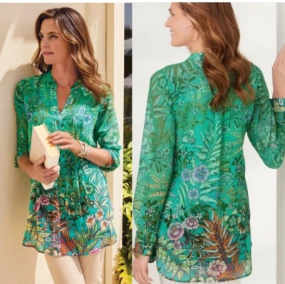 SOFT SURROUNDINGS Petite XS Luau Garden Shirt Semi-Sheer Floral Green Button - Image 1 of 4