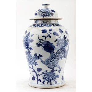 Chinese oriental porcelain blue & white GINGER JAR DRAGON & FLOWERS MOTIF 18" - Picture 1 of 7