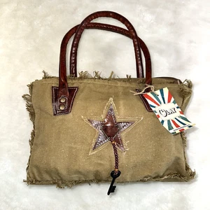 NWT OLAY LB332 TOTE Upcycled Canvas Genuine Leather Women Bag Western Handbag - Picture 1 of 14