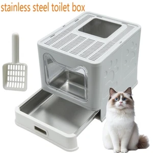 Enclosed Cat Litter Box Stainless Steel kittens Toilet Tray Pan Container Large - Picture 1 of 13