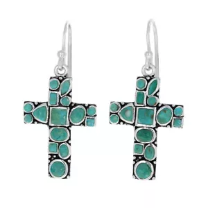 Sterling Silver, Genuine Turquoise Cross Earrings, Abstract Cuts, Navajo style - Picture 1 of 2