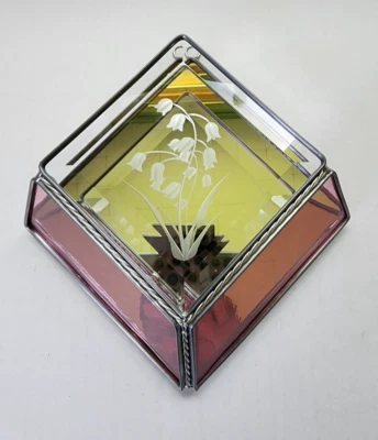Etched & stained glass wall pocket mirror back lily of the valley lavender glass - Image 1 of 4
