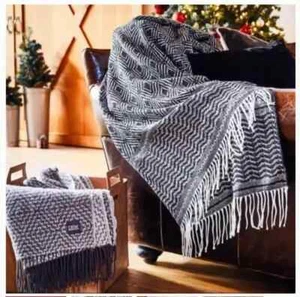 DSW Throw Afghan Black & White Knit Blanket Aztec 60” X 50” With 4" Fringe Woven - Picture 1 of 7