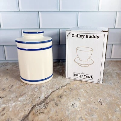 GALLEY BUDDY Stoneware Butter Bell Country Crock 4" Tall Blue Stripe Farmhouse Cottagecore