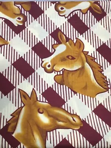 Vintage Golden Horse Head on Beige and Maroon Checkered Background Fabric 3/4 Yd - Picture 1 of 4