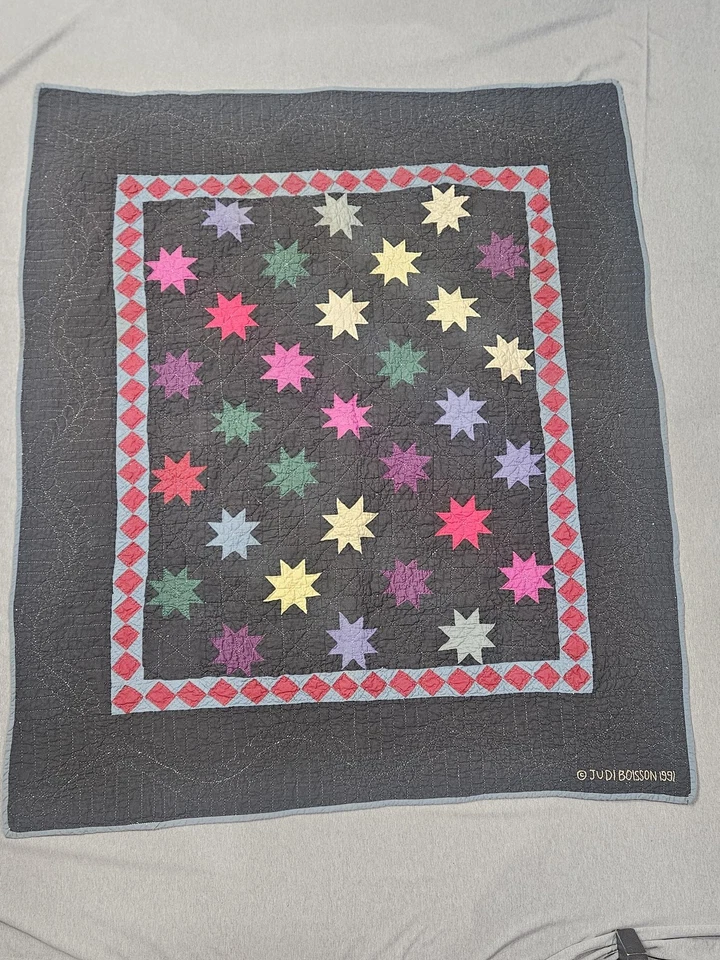 Edredón colgante de pared vintage Judi Boisson Star 1991 gris multicolor 100 % algodón Foto 1 de 4