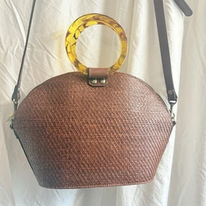 Patricia Nash Meldola Brown Rattan Dome Satchel Faux Tortoise Handle Purse Bag - Picture 1 of 14