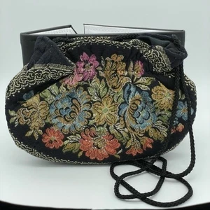 Vintage Black Velvet Small Purse Needlepoint Dark Floral Cottagecore New York - Picture 1 of 6